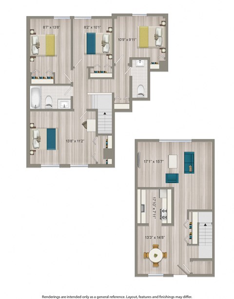 Floor plan for 4 beds, 1.5 baths, 1332 sqft